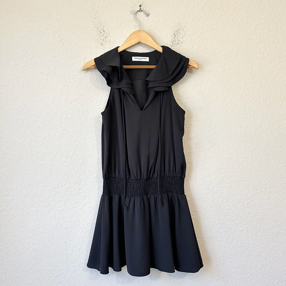 AMANDA UPRICHARD Smocked Waist Mini Dress Black V-Neck Ruffled Gothic